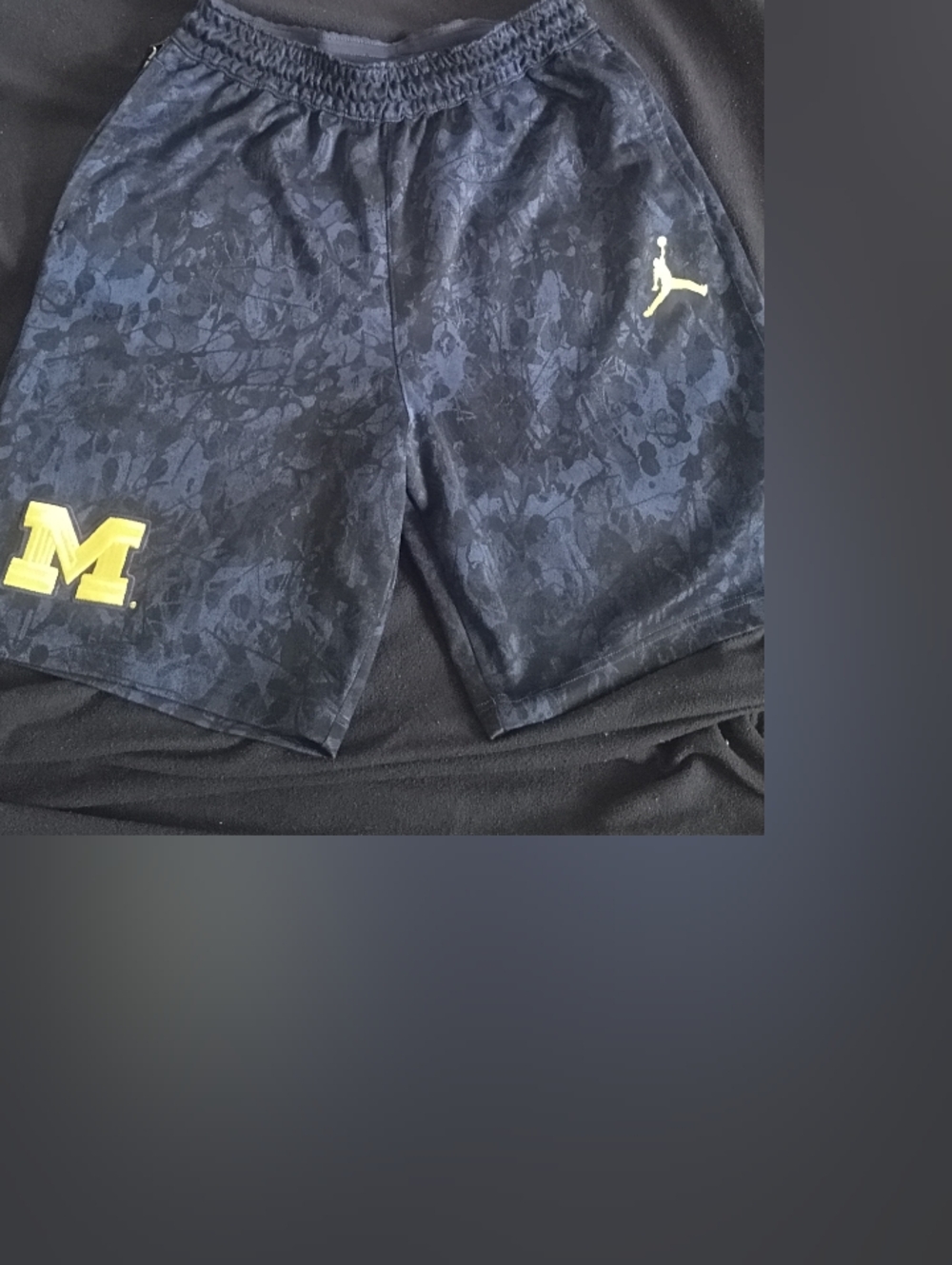 Authentic Jordan Navy Camo Athletic Shorts with Yellow 'M' Logo